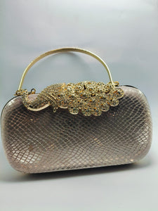 "Gold,silver and brown peacock style Metal Bridal Clutch"
