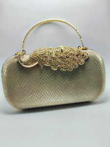 "Gold,silver and brown peacock style Metal Bridal Clutch"