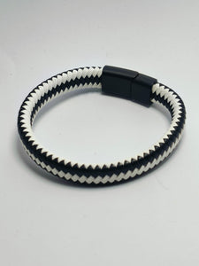 MENS Vintage Black and White braided leather bracelet -22cm faux leather with stainless clasp